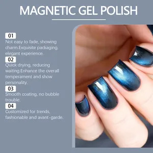 Deep blue magnetic gel polish with cat eye effect on long square fingernails