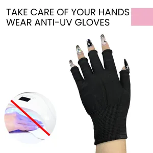 Detail view of black anti-UV manicure gloves protecting skin from UV nail lamps