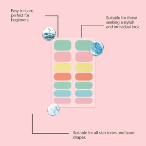 Infographic showing colorful solid nail stickers suitable for beginners and all skin tones