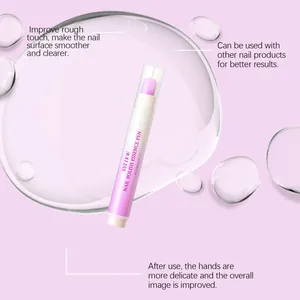 Close-up of nail essence pen showing application tip on a pink water drop background