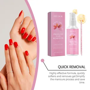 EELHOE Press On Nail Remover with spray bottle and box next to manicured red nails.