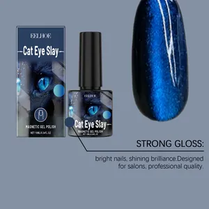 Macro shot of blue cat eye magnetic gel polish with shimmering metallic effect