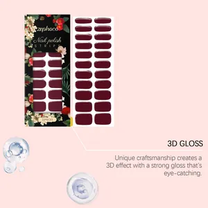 Detailoverzicht van ZEPHOCO waterdichte 3D-glanzende nagelstrips in bordeaux, 22 stuks.
