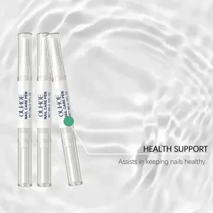 Close-up view of three OUHOE nail care pens on a rippled clear water background.
