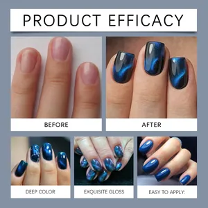 Detailed before and after effect of glossy blue cat eye nail polish application
