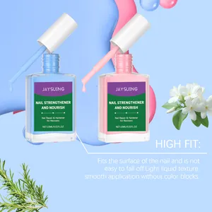 Detail showing pink and blue nail strengthener bottles with brushes and smooth texture