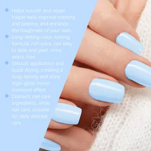 Detail showing light blue high-gloss manicure with nourishing formula benefits