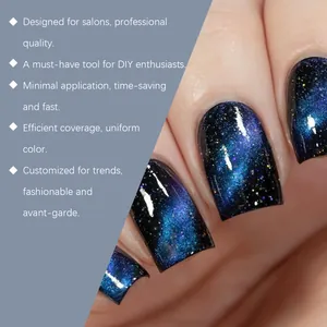 Detailed view of dark blue and black cat eye nail polish with a galaxy glitter effect