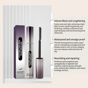 Close-up detail of black lengthening mascara with wand and packaging box
