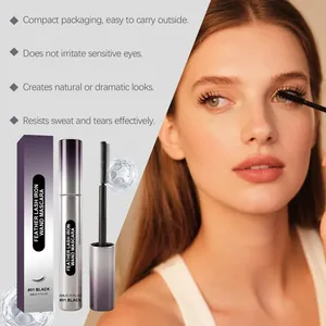Detailed view of black mascara application using a precision iron wand brush for long lashes