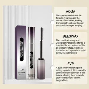 Detailed brown mascara ingredient list featuring Aqua, Beeswax and PVP for long-lasting wear
