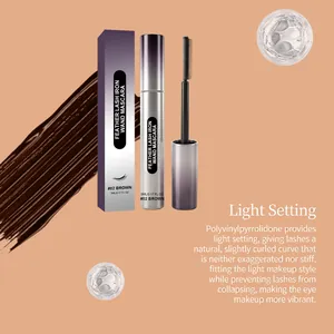 Brown feather lash iron wand mascara with natural light setting effect and texture detail.