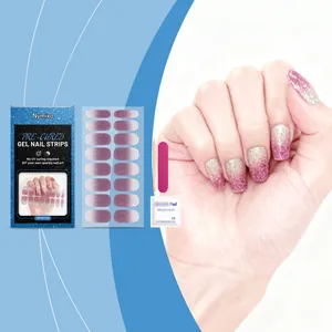 Detail view of Nymixa glitter gel nail strip kit including tools and hand demo