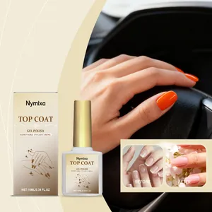 Detailed view of high-gloss Nymixa nail top coat gel on orange and pink manicures.