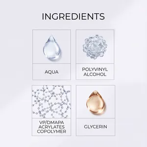 Detailed infographic showing core ingredients: Aqua, Polyvinyl Alcohol, and Glycerin