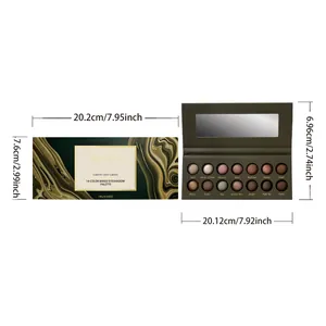 14-color earthy gray-green eyeshadow palette with detailed product dimensions and color names.