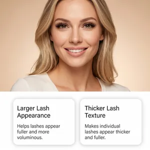 Detailansicht voller, dicker Wimpern mit englischem Beschreibungstext