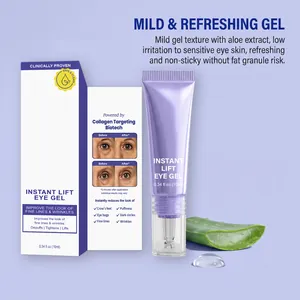 Detalle del envase de gel reafirmante para ojos con aloe vera y muestra de textura refrescante