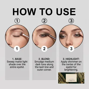 Step-by-step tutorial for applying earthy gray-green 14-color eyeshadow palette.