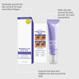 Envase de gel para contorno de ojos con resultados antes-después y beneficios piel.