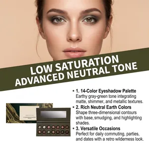Professional 14-color earthy gray-green eyeshadow palette with matte and shimmer finishes.