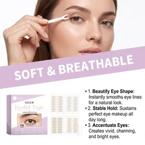 Professional model applying invisible eyelid tape with applicator tool and product packaging