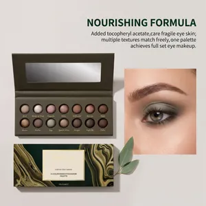 Detailed view of zephoco 14-color earthy gray-green eyeshadow palette including applied look