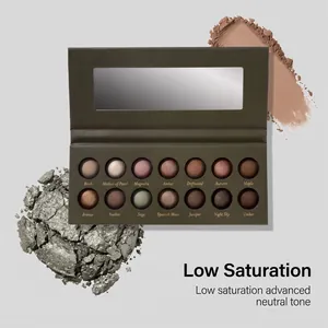 Detailed view of 14-color earthy grey-green eyeshadow palette with low saturation neutral tones.
