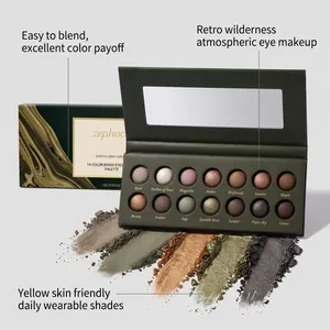 Detailed view of Zephoco 14-color earthy gray-green eyeshadow palette with powder textures
