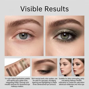 Detailed view of 14-color earth gray-green eyeshadow palette with swatches and results