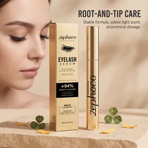 Professionelle Nahaufnahme der goldenen zephoco Wimpernserum-Verpackung und Applikator