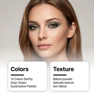 Detailed view of earthy gray-green 14-color eyeshadow palette with baked powder texture