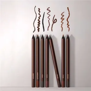 Set of seven waterproof eyeliner pencils with various color swatches on grey background
