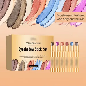 Detailansicht des 6-teiligen Lidschatten-Stift-Sets mit Metallic-Finish und Farbmustern