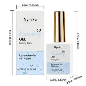 Dimensiones técnicas del frasco de esmalte de gel Nymixa 3D raindrop 10ml y su caja de empaque