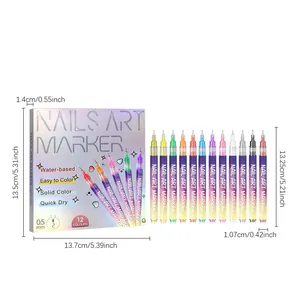 Dimensiones detalladas de 12 rotuladores para nail art base agua con puntas 0,5 mm.