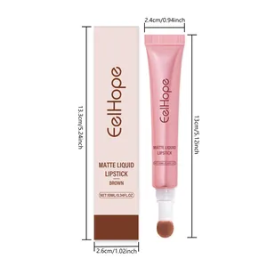 Gedetailleerde afmetingen van matte vloeibare lippenstift bruin met tube en verpakking