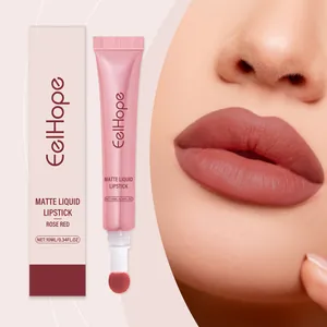Rose red matte liquid lipstick with sponge applicator and lip effect