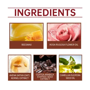 Dettaglio degli ingredienti naturali come olio di rosa, cera d'api ed estratti caffè
