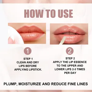 Anleitung für feuchtigkeitsspendende Lippenauffüllungsessenz mit Anwendungsschritten.