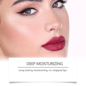 Close-up showing the deep red matte lip glaze effect and hydrating texture on skin.