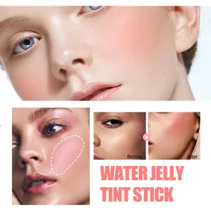Detailed view of water jelly tint stick application for a natural pink flush effect.