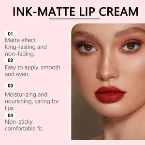 Professional close-up showing red matte lip cream effect with long-lasting finish