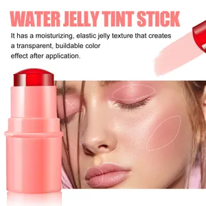 Detailed view of moisturizing coral jelly blush stick effect on cheeks and lips.