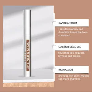 Gedetailleerd overzicht van EELHOE lipstain ingrediënten zoals ricinusolie en ijzeroxide.