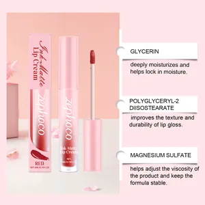 Detailed view of ZEPHOCO matte lip cream and ingredients like glycerin and magnesium sulfate