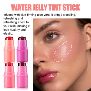 Close-up of water jelly tint stick showing cooling application on model's cheek