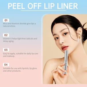 Detailaufnahme eines Peel-off-Lippenliners mit wichtigen Inhaltsstoffen und Vorteilen