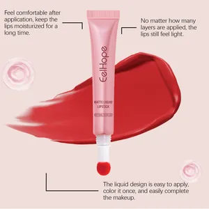 Detail view of EelHope matte liquid lipstick tube with red color swatch and applicator.