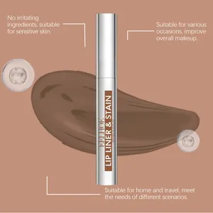 Afpelbare lipliner stain tube getoond met een glad bruin vloeibaar monster